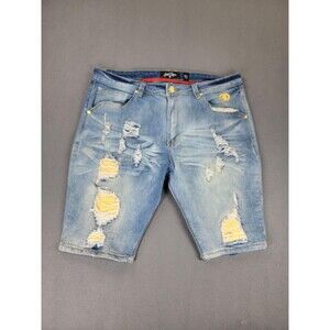 Frost Origin Shorts Mens 38 Blue Distressed Ripped Denim Yellow Patch Streetwear